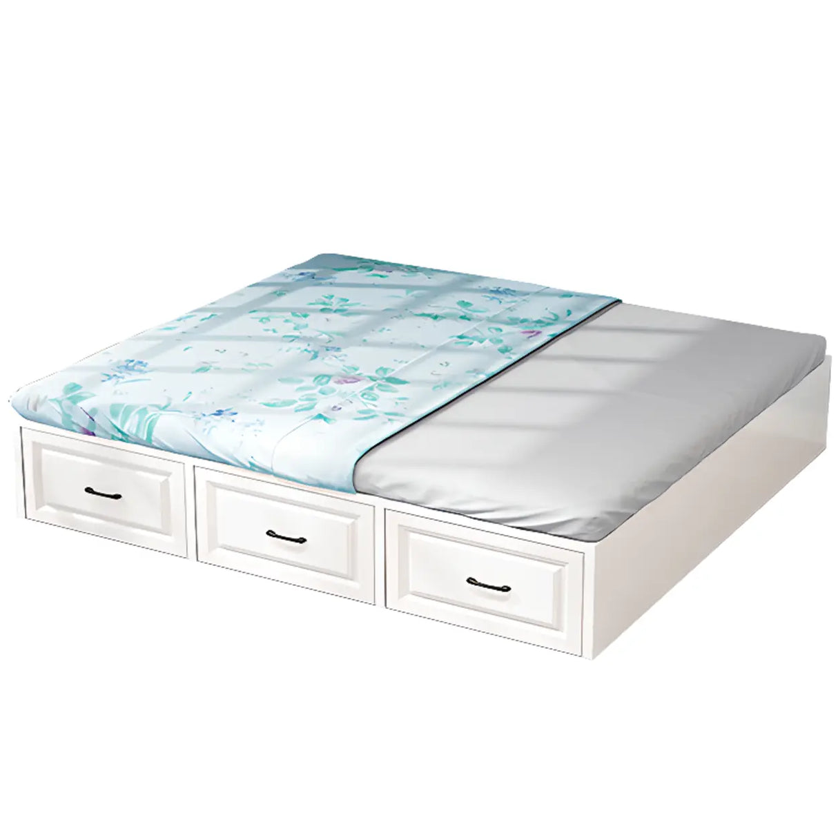 White Wood Queen Untufted Storage Tatami Bed with Drawers Image - 3