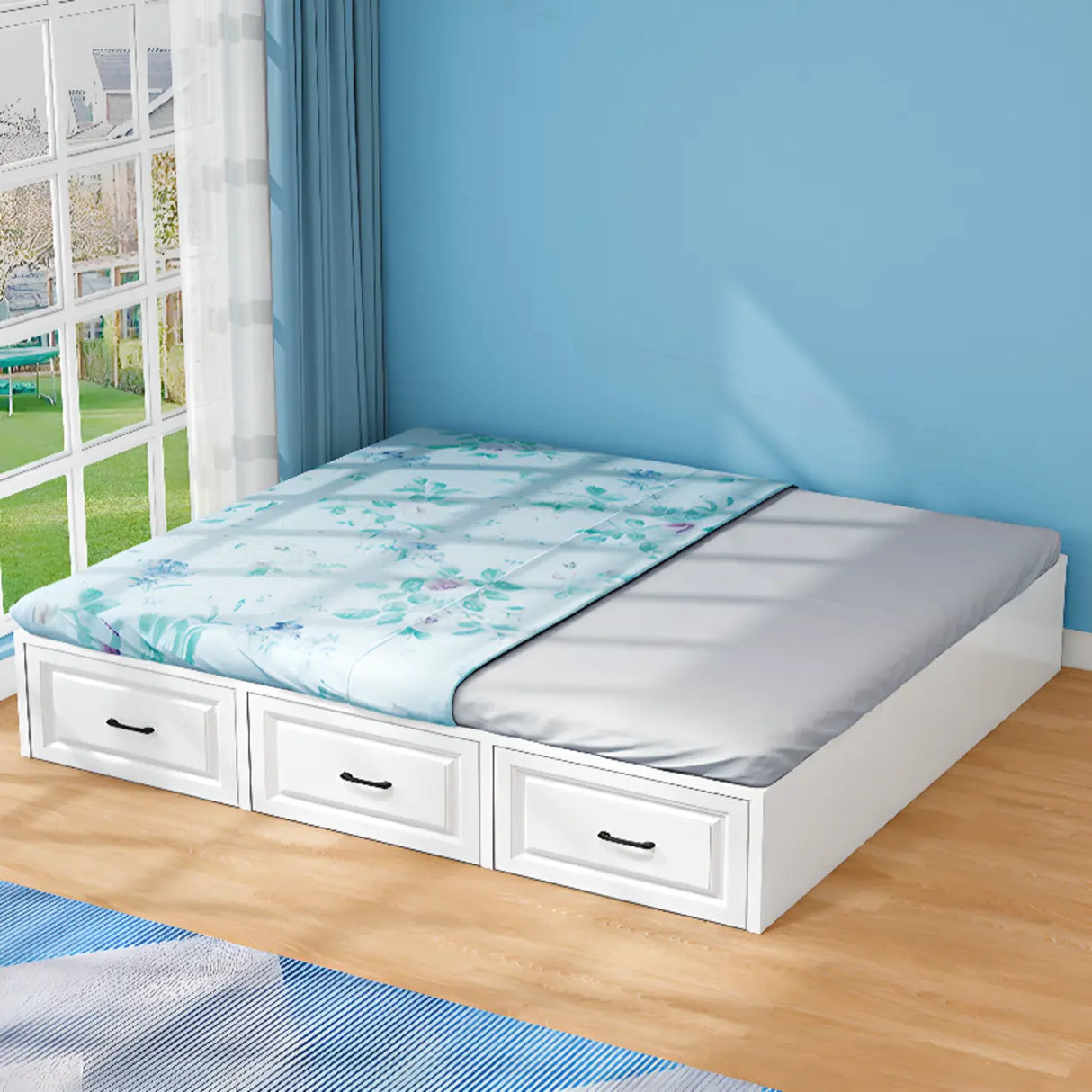 White Wood Queen Untufted Storage Tatami Bed with Drawers Image - 4