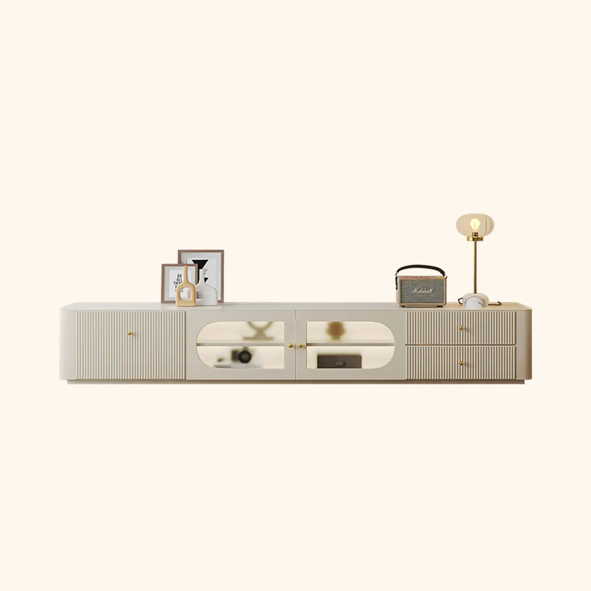 White Wood Shelves Cabinet Drawers Rectangle TV Stand Image - 11