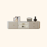 White Wood Shelves Cabinet Drawers Rectangle TV Stand Image - 4