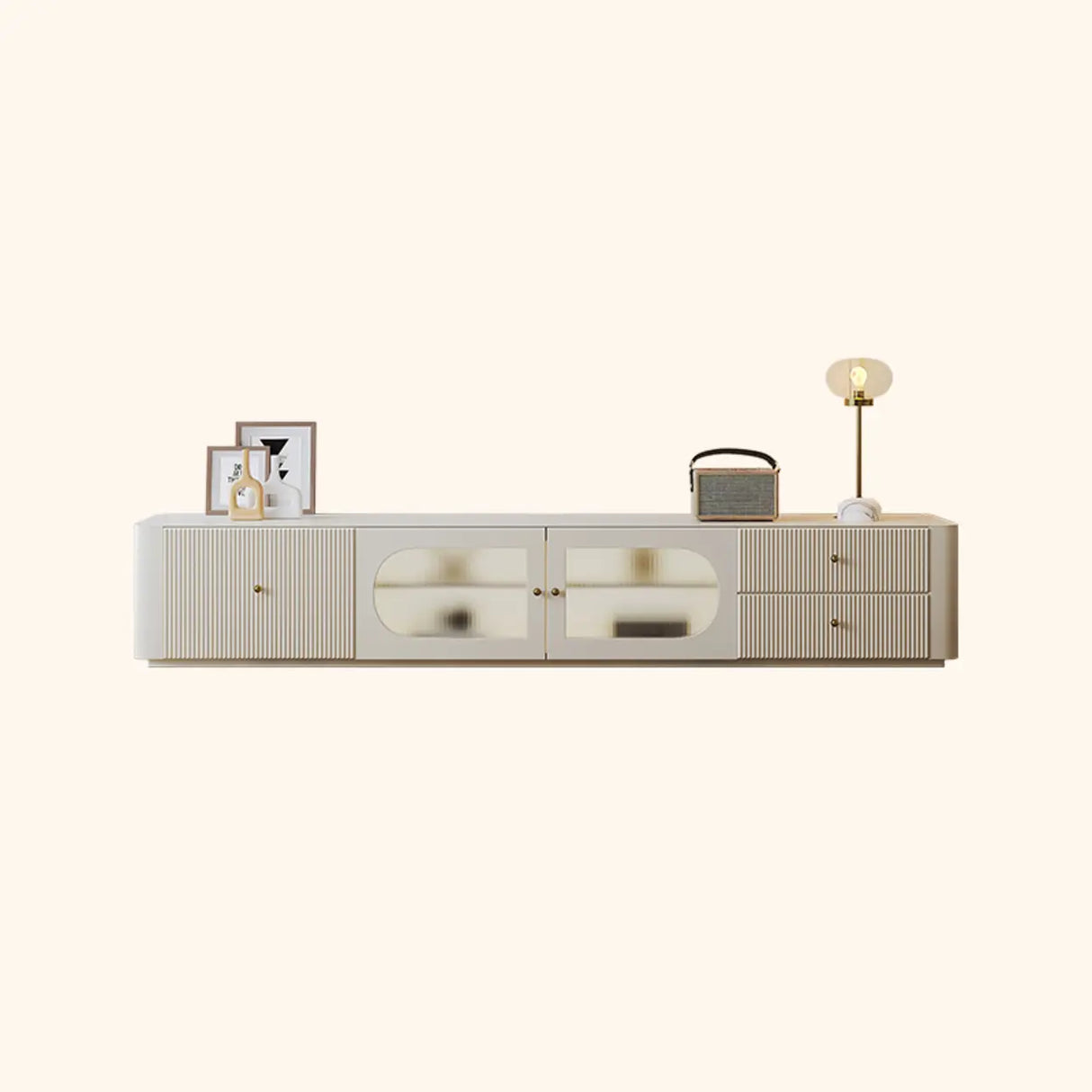White Wood Shelves Cabinet Drawers Rectangle TV Stand Image - 5