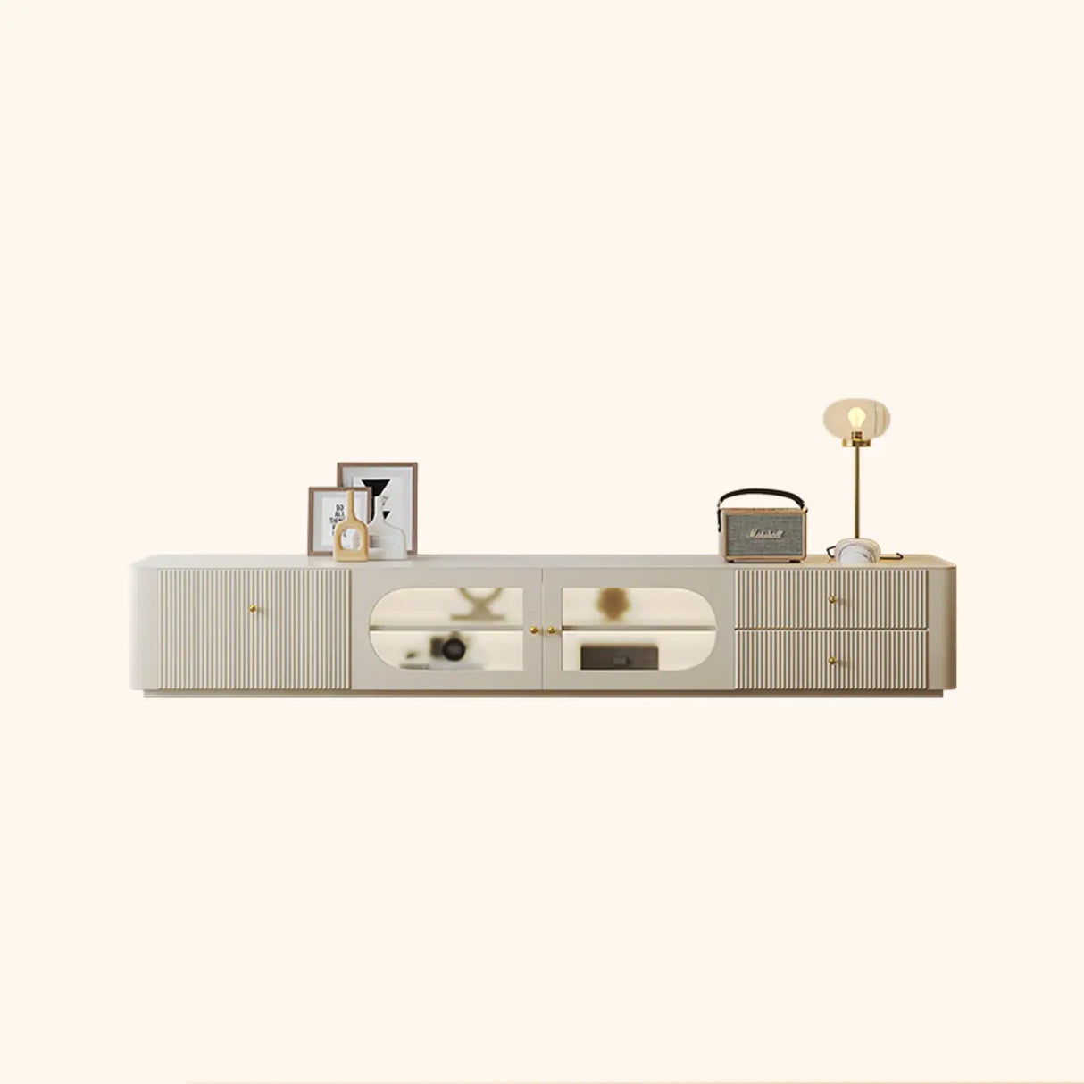 White Wood Shelves Cabinet Drawers Rectangle TV Stand Image - 7