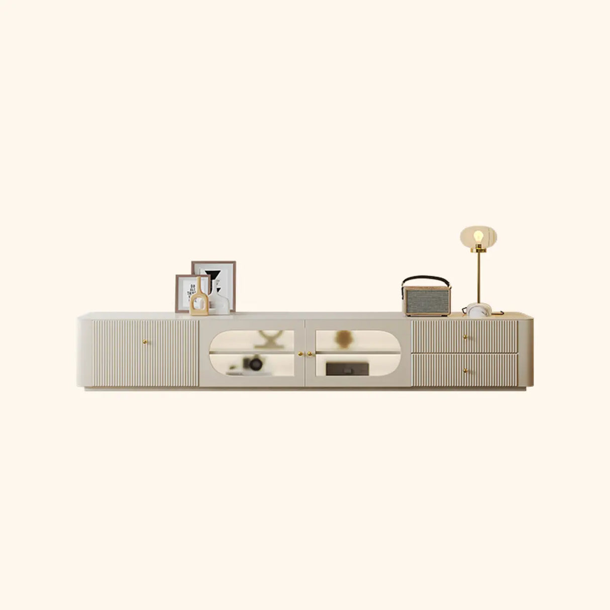 White Wood Shelves Cabinet Drawers Rectangle TV Stand Image - 9