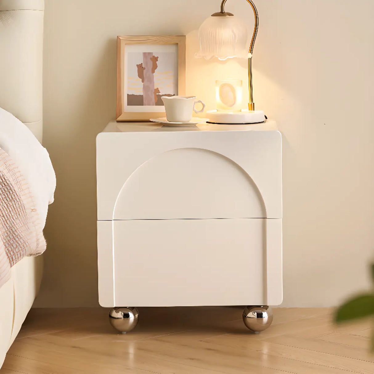 White Wood Short Height Kids Nightstand with Casters Image - 3