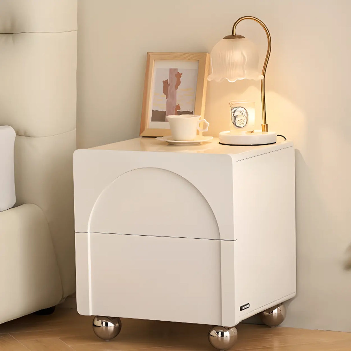 White Wood Short Height Kids Nightstand with Casters Image - 5
