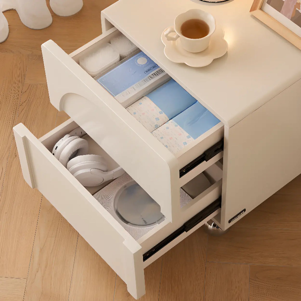 White Wood Short Height Kids Nightstand with Casters Image - 6