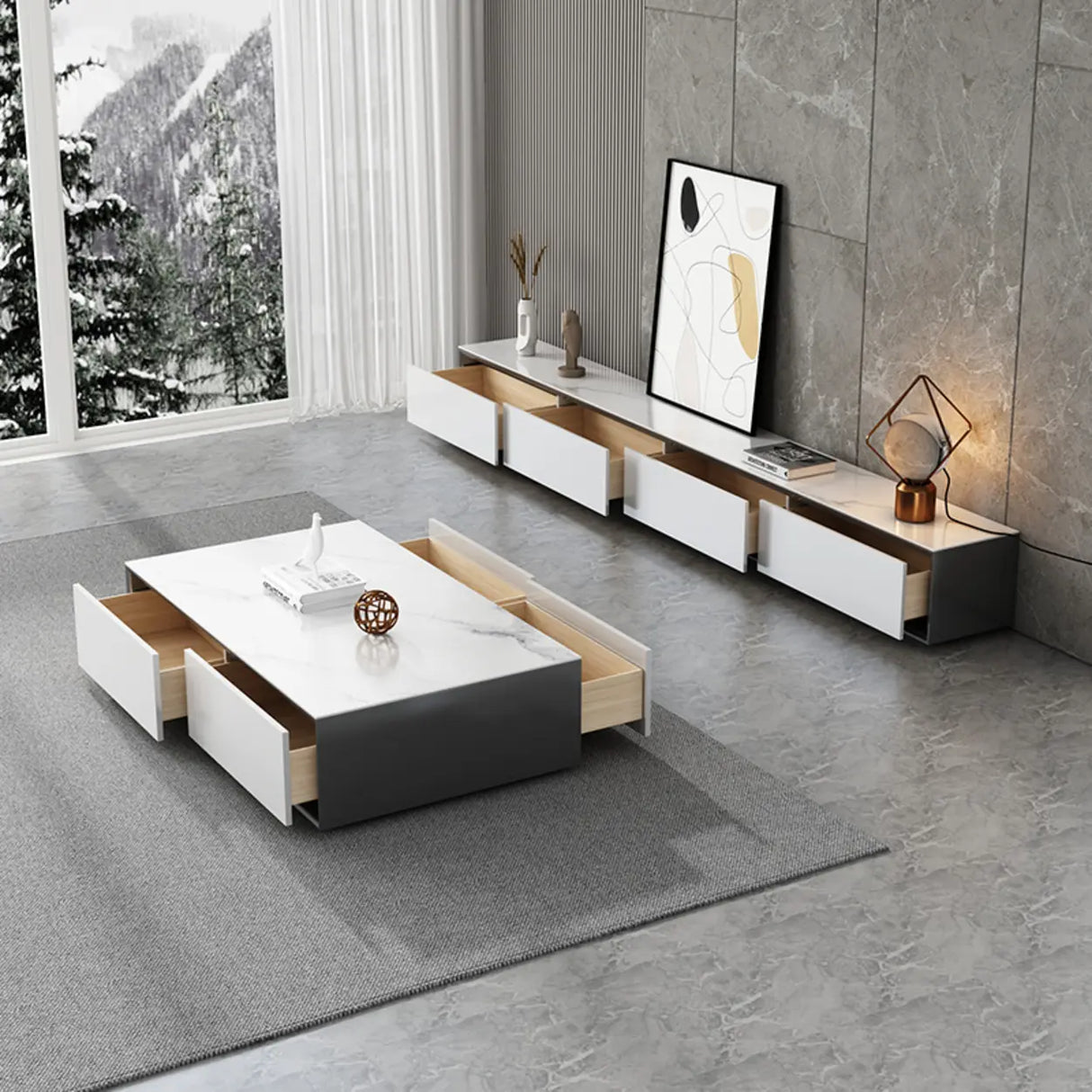 White Wood Slate Long TV Stand with Drawers Image - 3