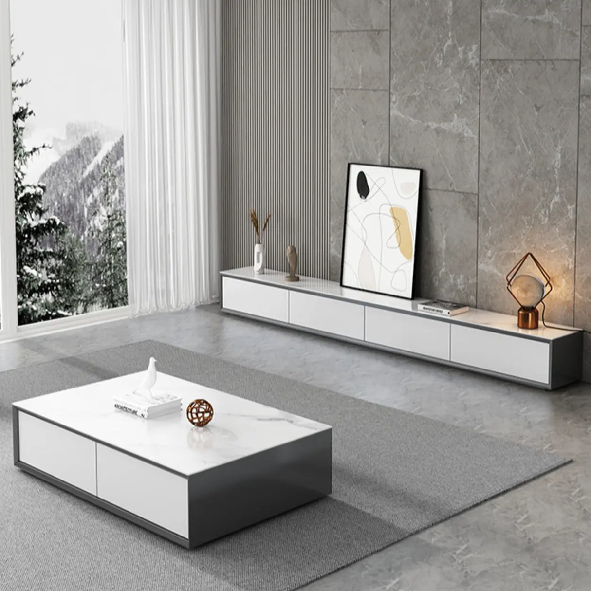 White Wood Slate Long TV Stand with Drawers Image - 4