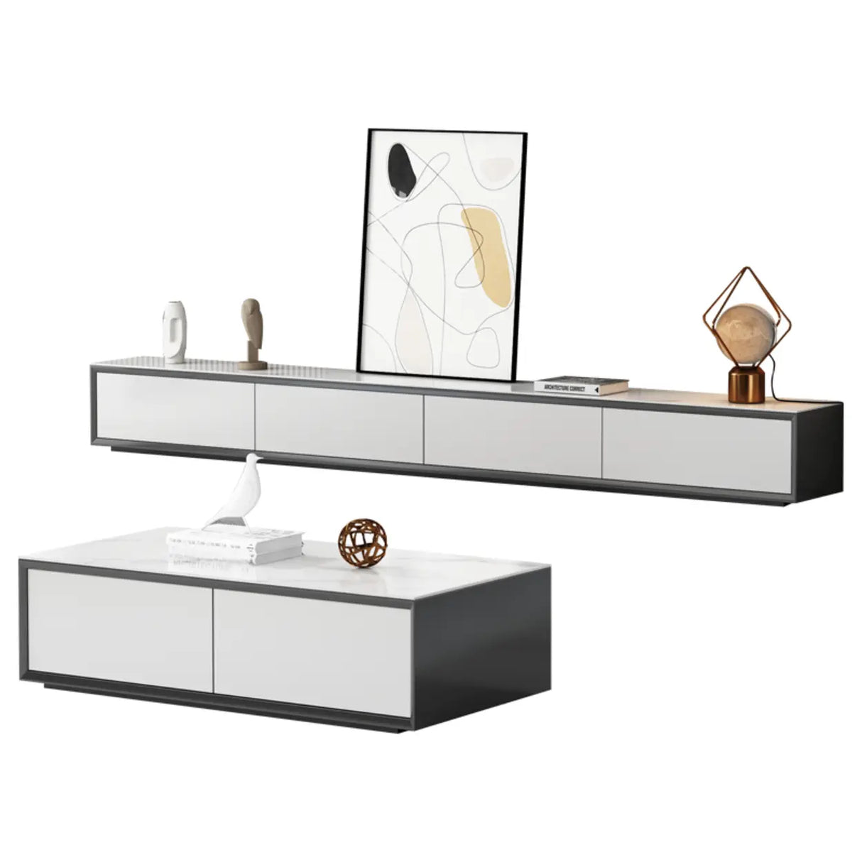 White Wood Slate Long TV Stand with Drawers Image - 5