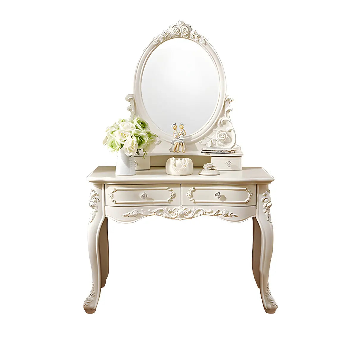 White Wood Standing Makeup Vanity with Drawers Mirror Image - 12