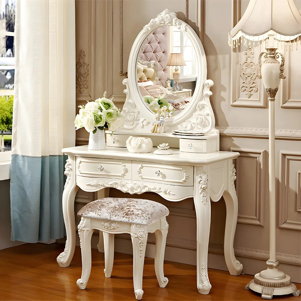 White Wood Standing Makeup Vanity with Drawers Mirror Image - 3