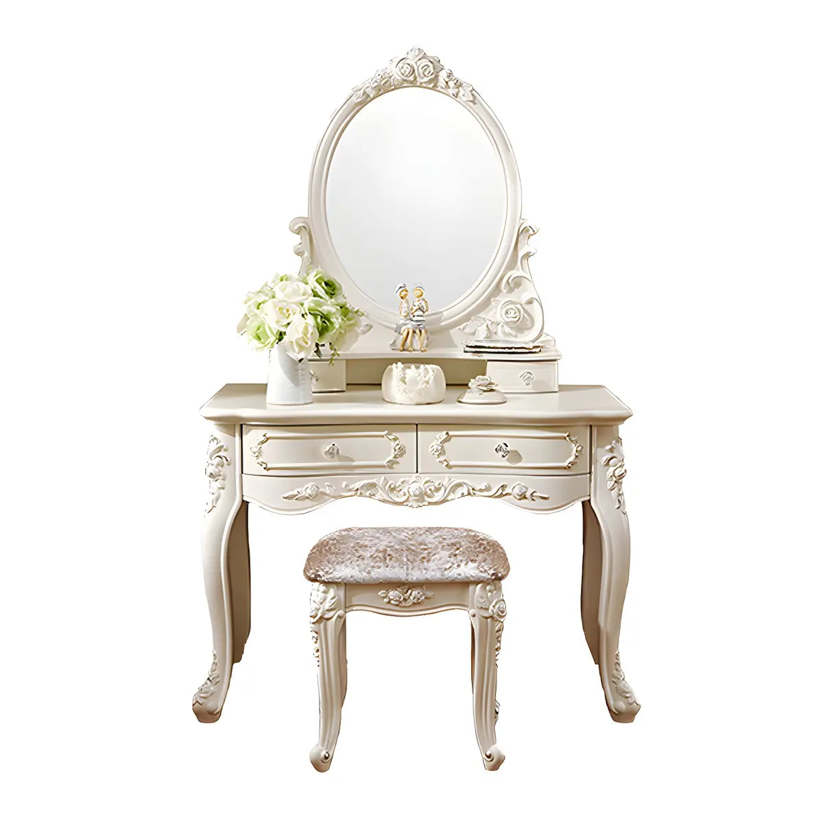 White Wood Standing Makeup Vanity with Drawers Mirror Image - 5