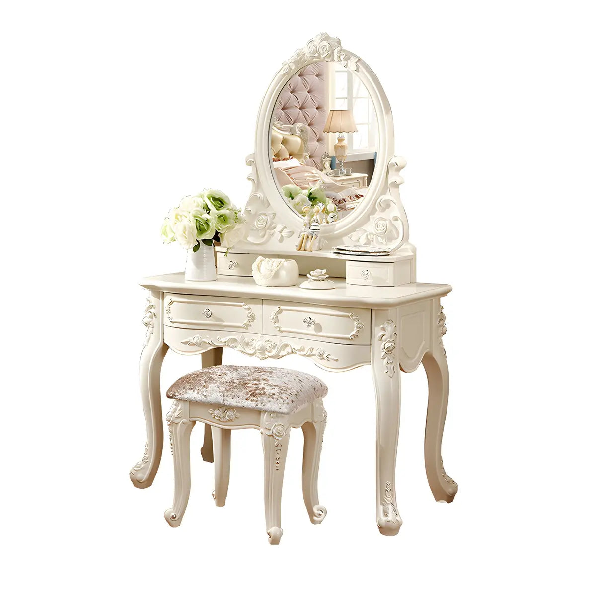 White Wood Standing Makeup Vanity with Drawers Mirror Image - 6