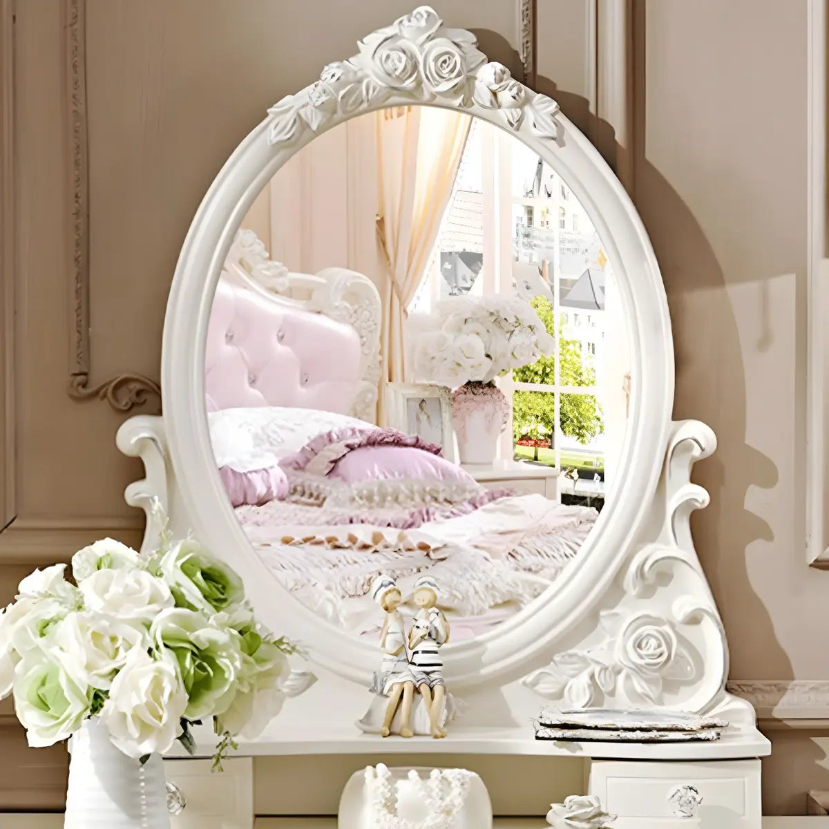 White Wood Standing Makeup Vanity with Drawers Mirror Image - 7