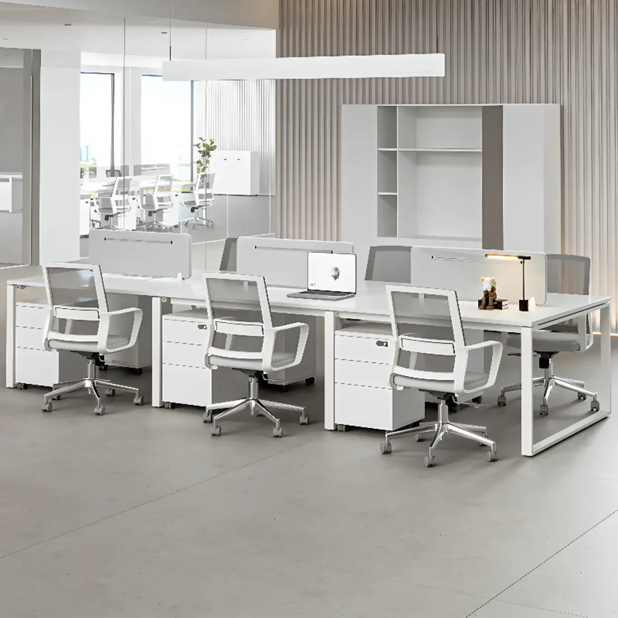 White Wooden Computer Desk with Drawers for Four Image - 4