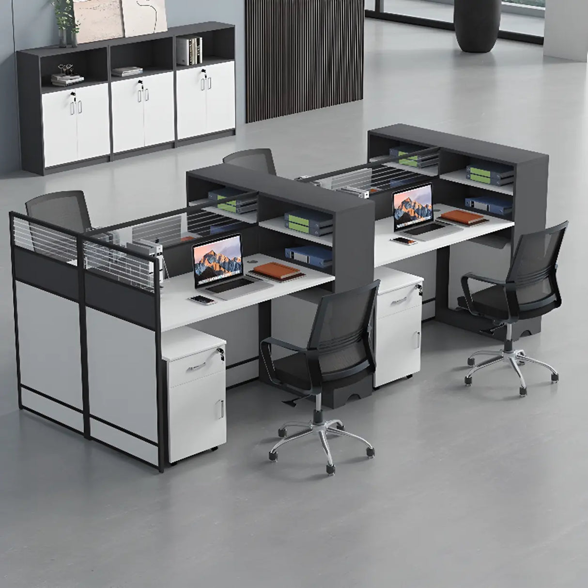 White Wooden Computer Multi-personal Desk with Hunch Image - 1