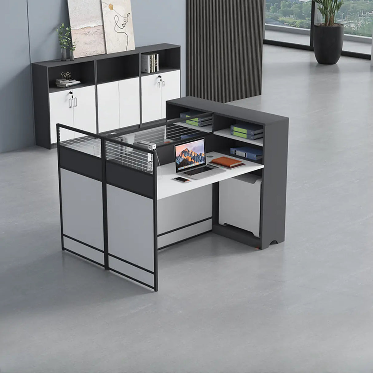 White Wooden Computer Multi-personal Desk with Hunch Image - 3