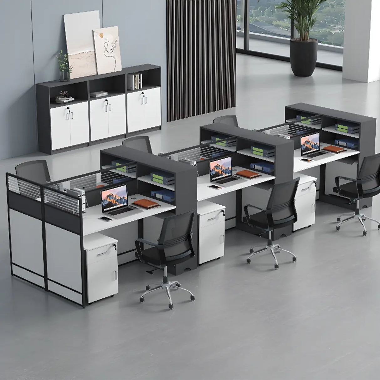 White Wooden Computer Multi-personal Desk with Hunch Image - 4