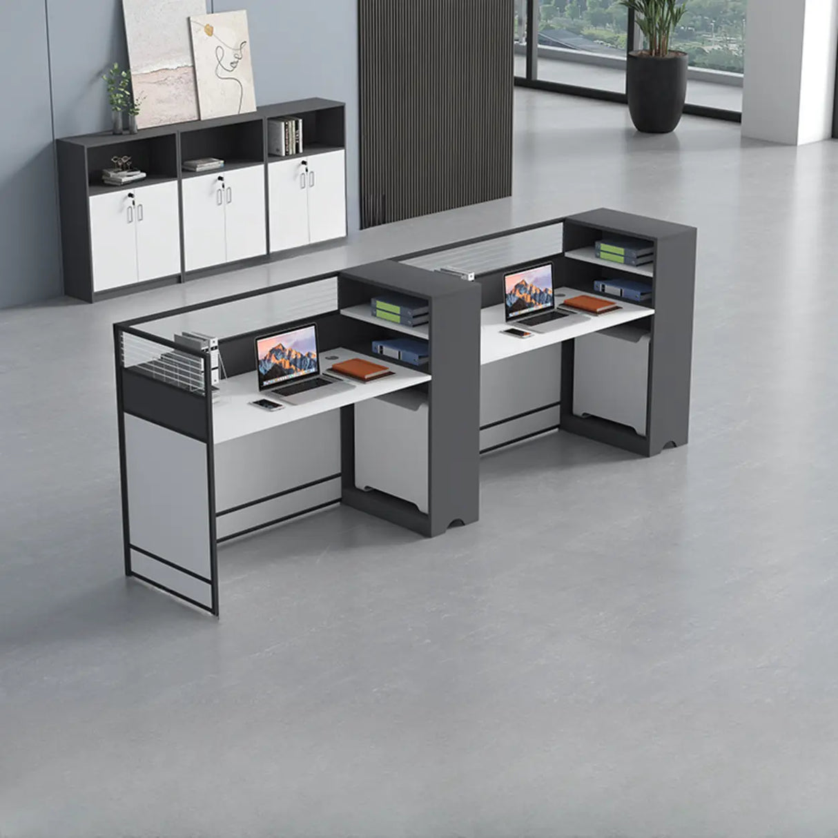 White Wooden Computer Multi-personal Desk with Hunch Image - 5