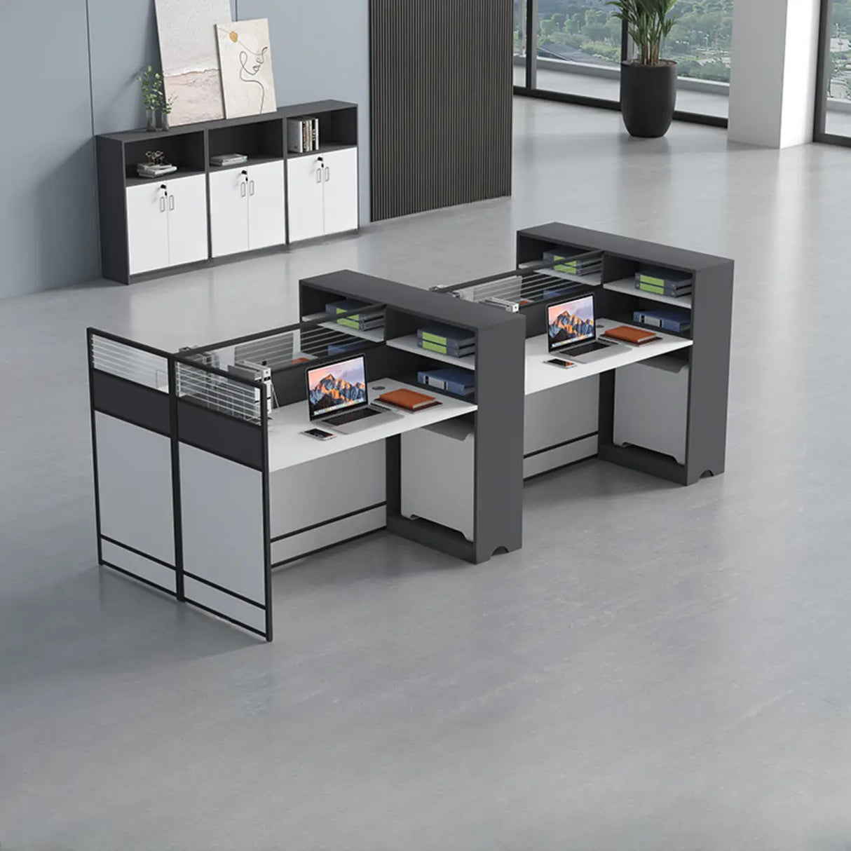 White Wooden Computer Multi-personal Desk with Hunch Image - 7