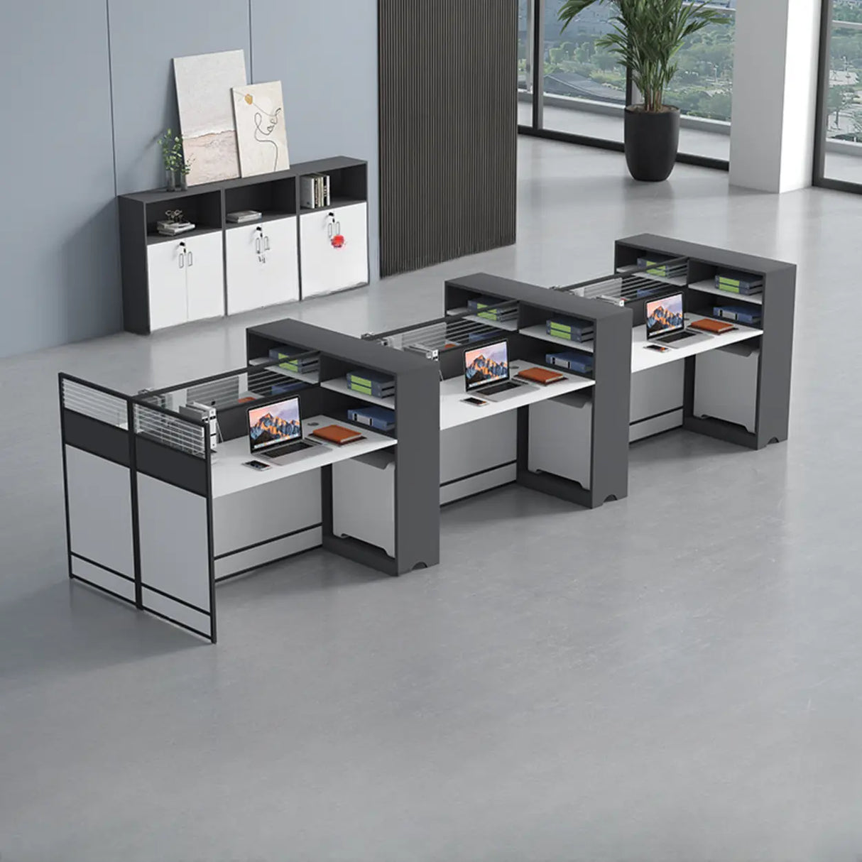 White Wooden Computer Multi-personal Desk with Hunch Image - 9
