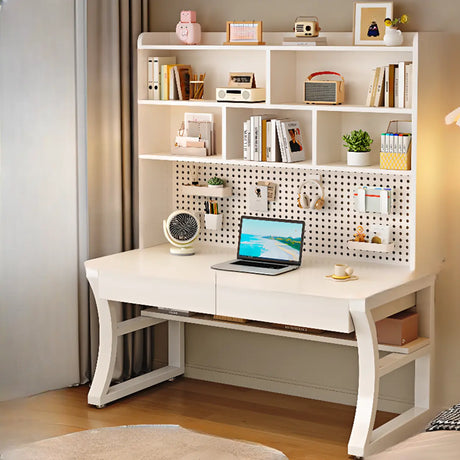 White Wooden Credenza Desk with Storage and Hutch Image - 1