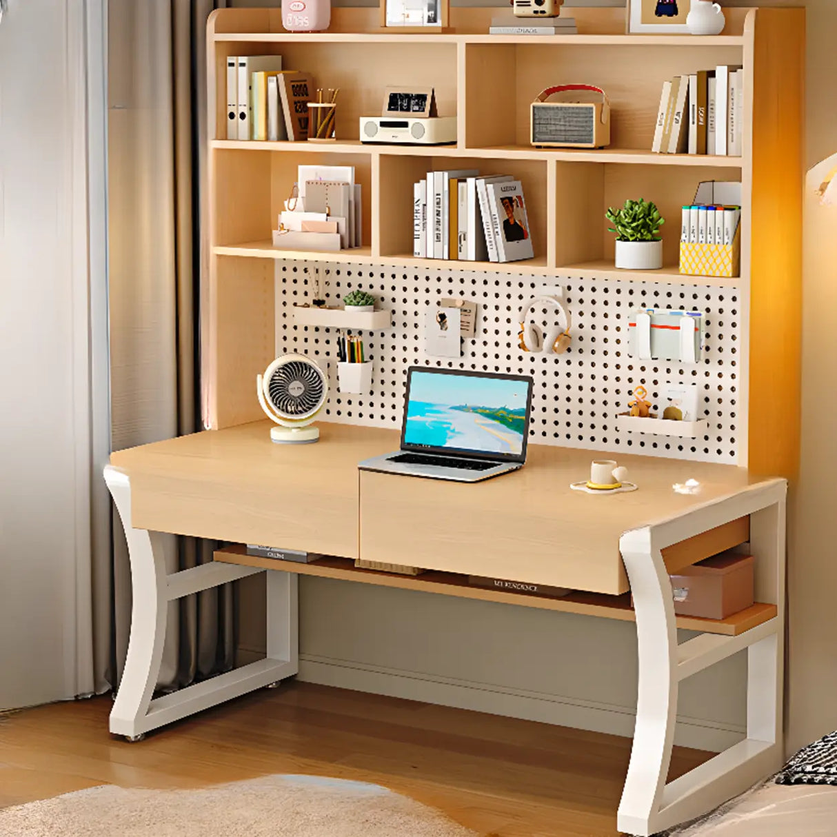 White Wooden Credenza Desk with Storage and Hutch Image - 6