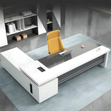 White Wooden Deep Width L-Shaped Executive Desk Image - 1