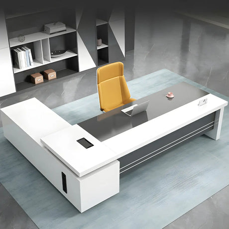 White Wooden Deep Width L-Shaped Executive Desk Image - 1