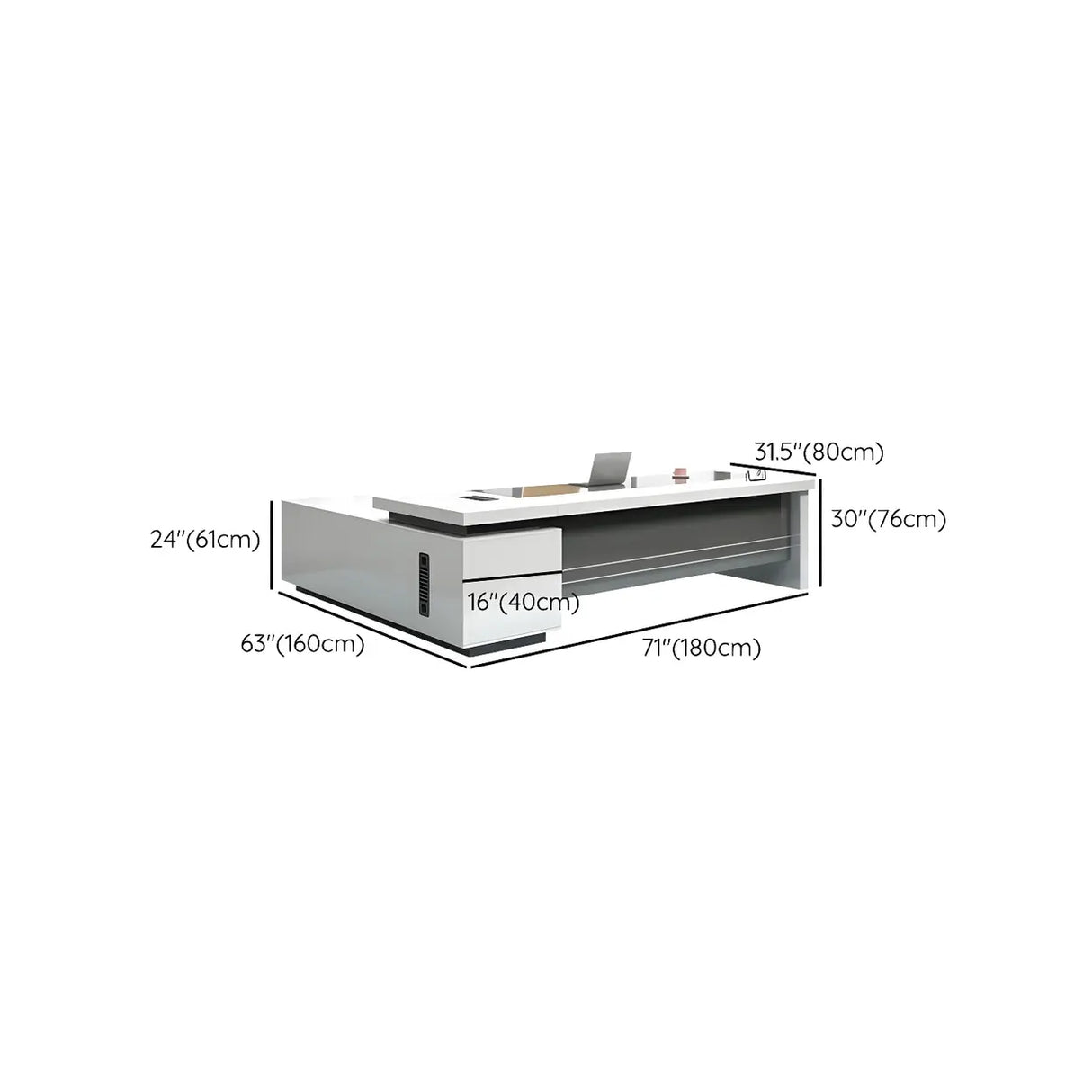 White Wooden Deep Width L-Shaped Executive Desk 