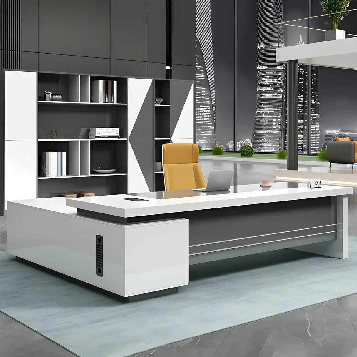 White Wooden Deep Width L-Shaped Executive Desk Image - 4