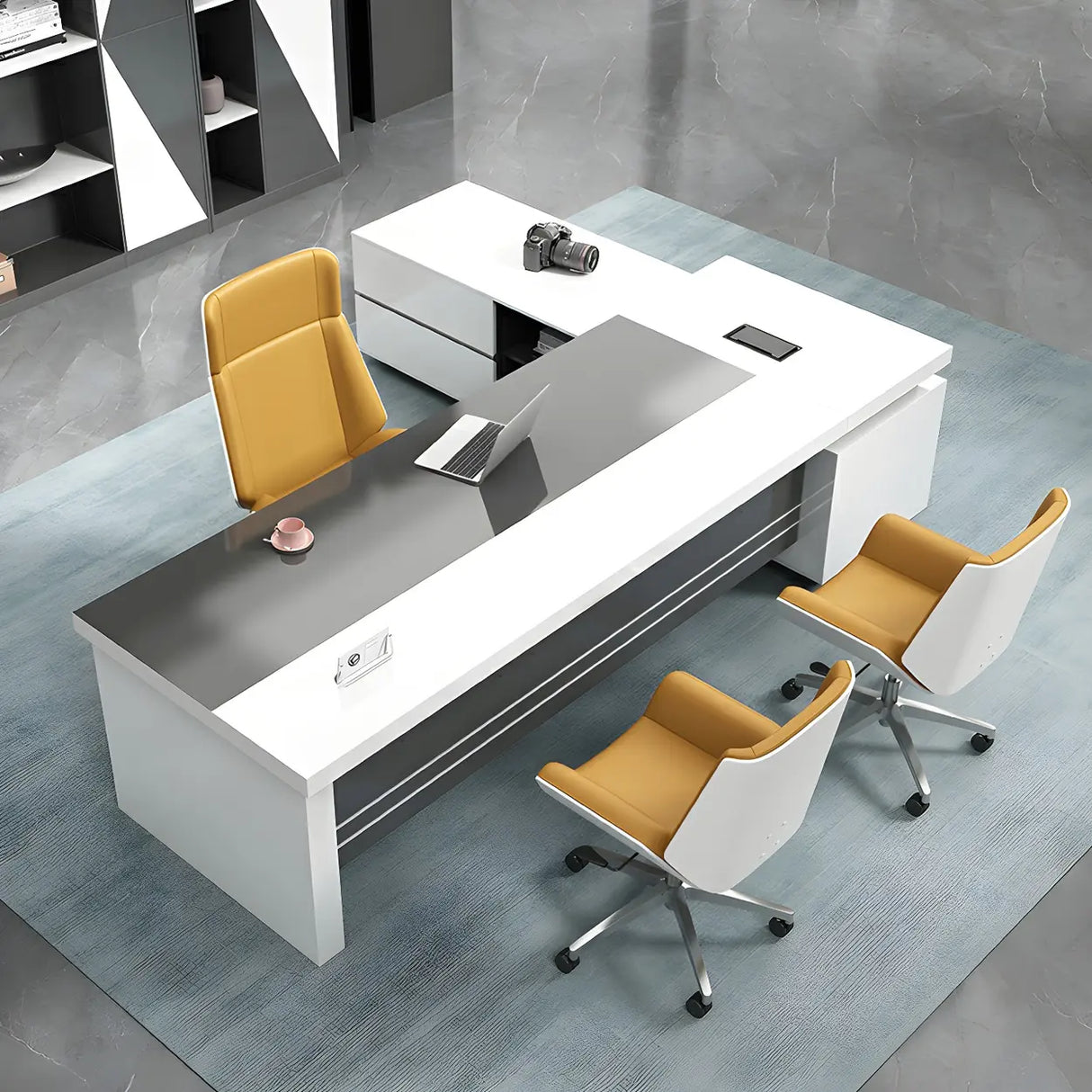 White Wooden Deep Width L-Shaped Executive Desk Image - 5