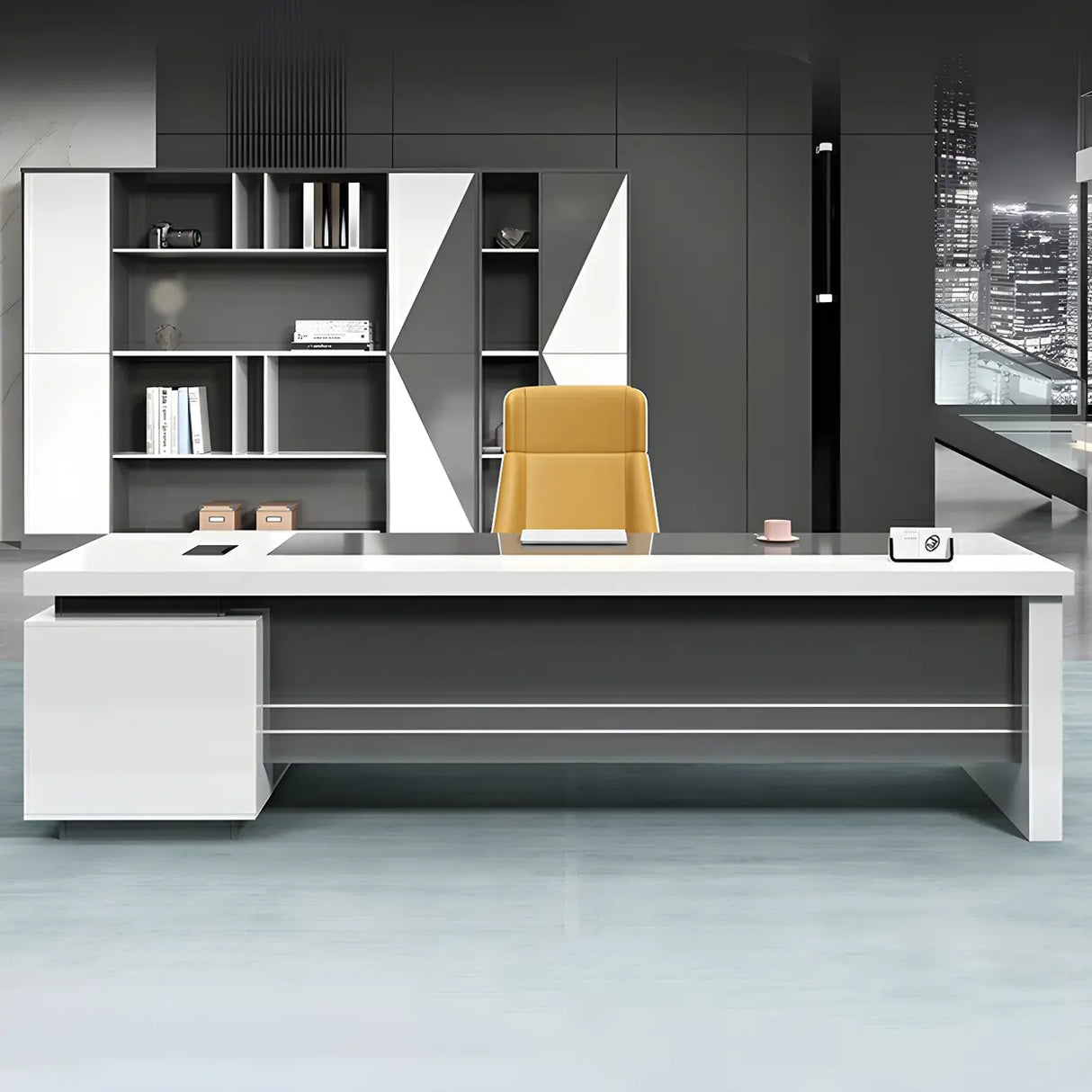 White Wooden Deep Width L-Shaped Executive Desk Image - 6