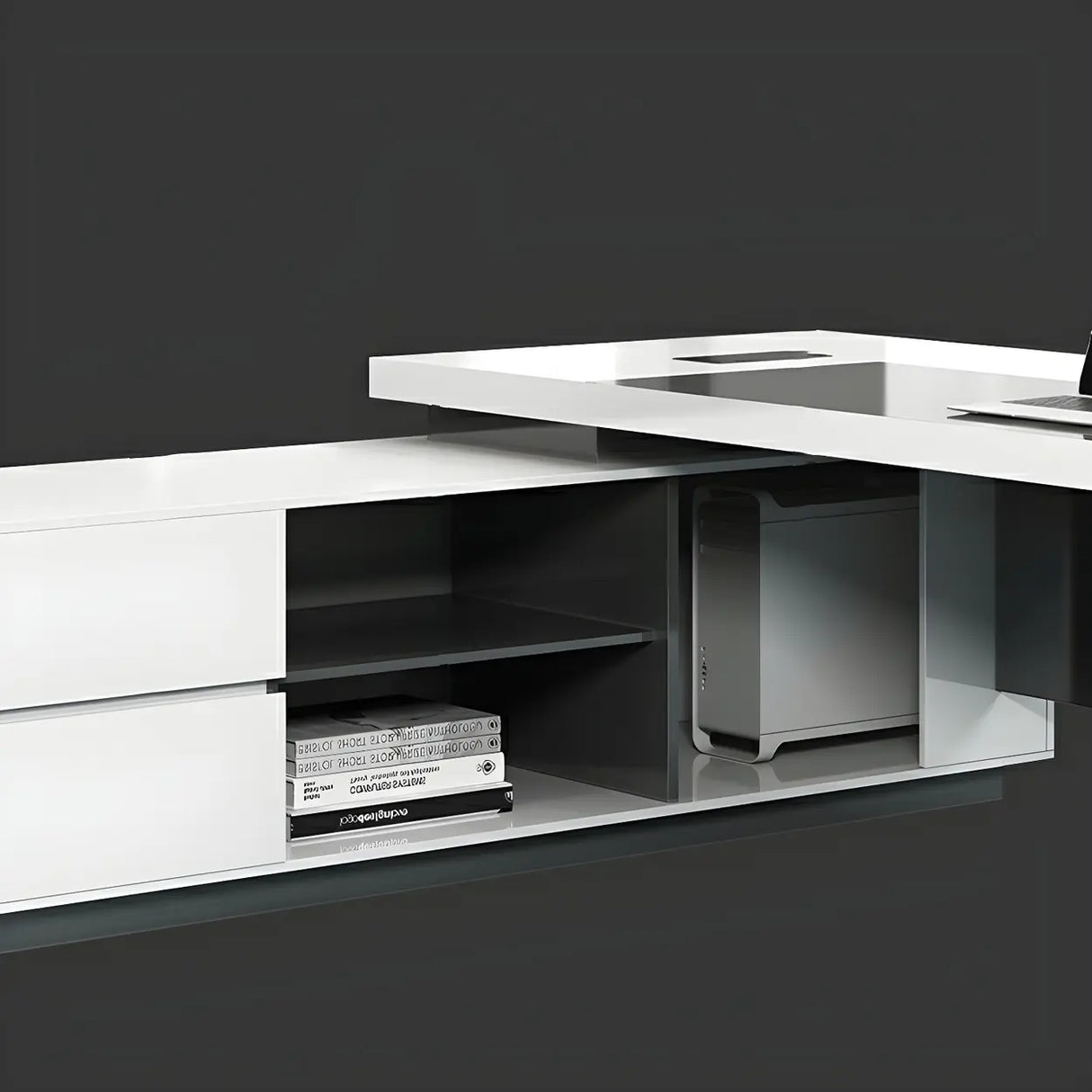 White Wooden Deep Width L-Shaped Executive Desk Image - 9