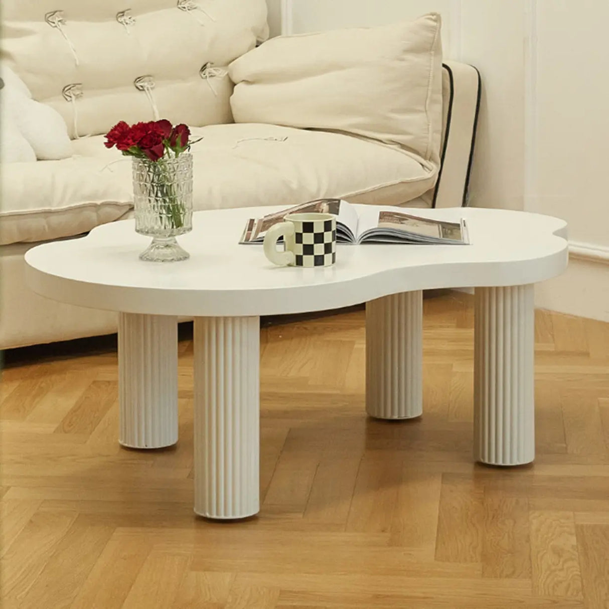 White Wooden Free Form Coffee Table with Four Legs Image - 2