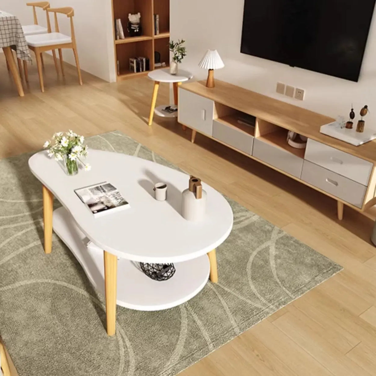 White Wooden Free Form Coffee Table with Shelf Image - 5