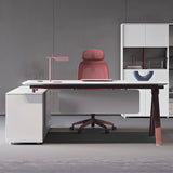 White Wooden L-Shape Red Base Executive Desk Image - 7