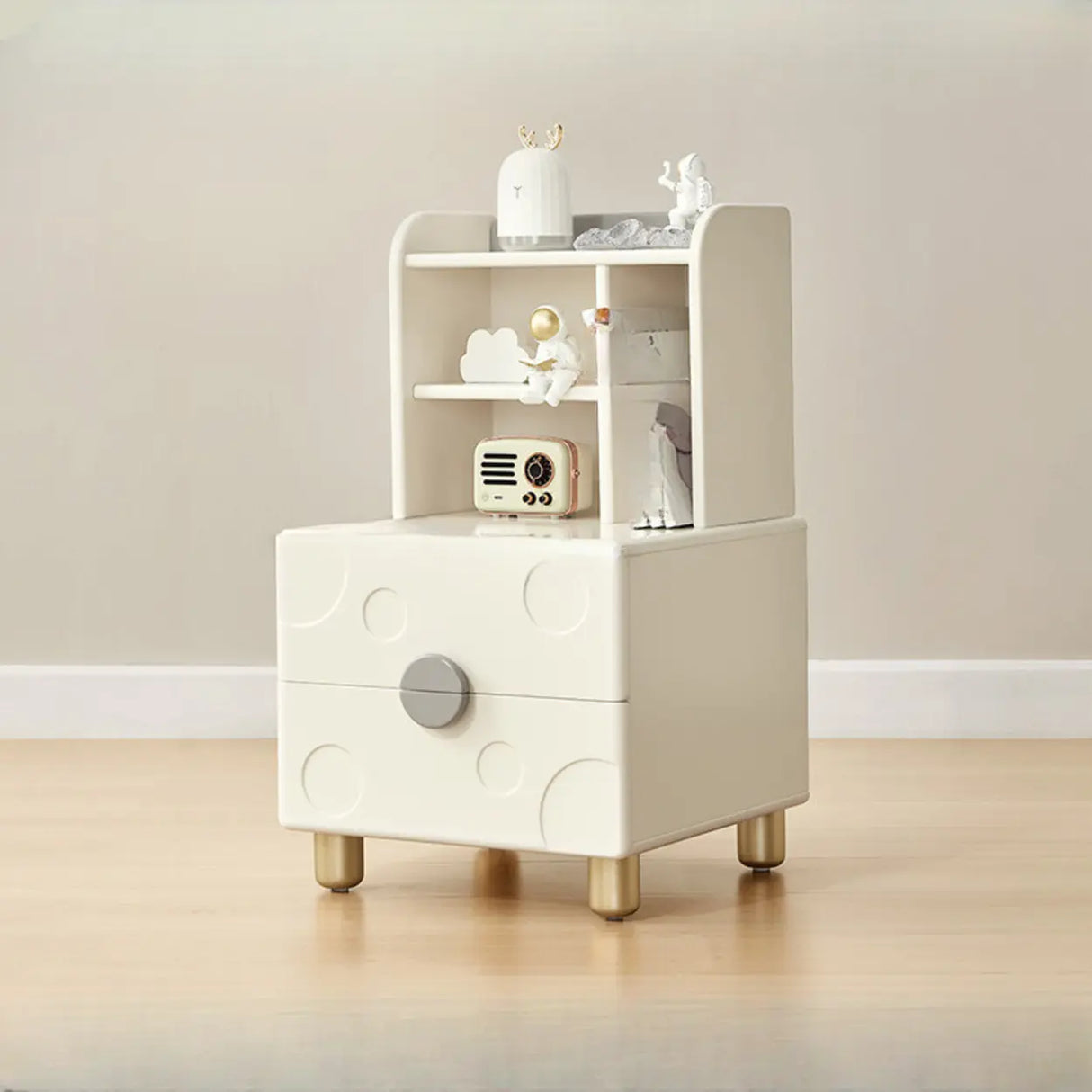 White Wooden Open Storage Kids Nightstand with Legs Image - 7