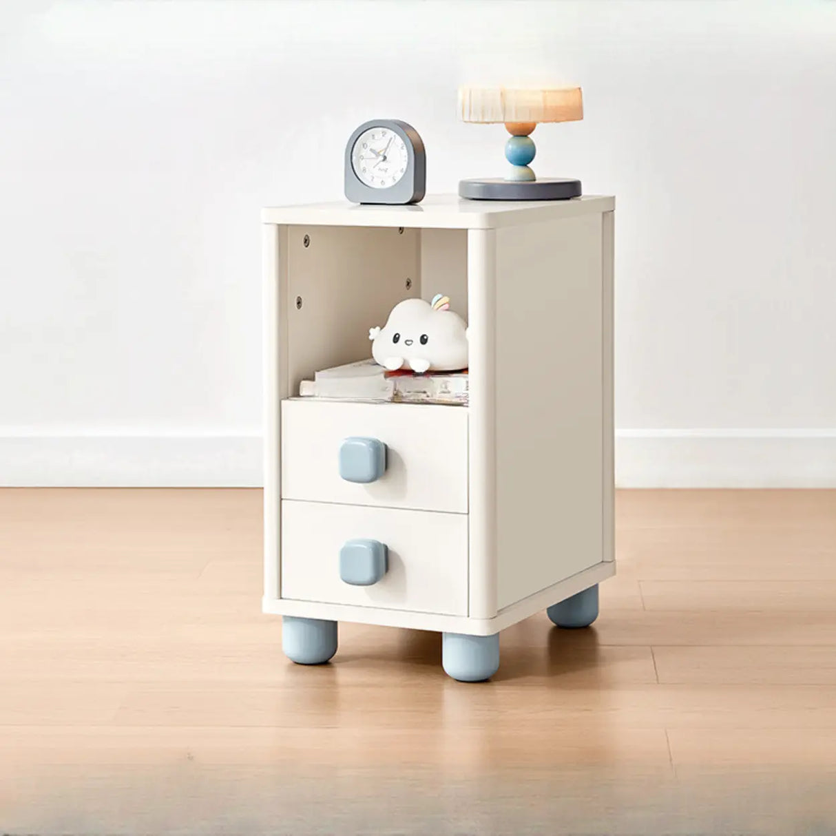 White Wooden Open Storage Kids Nightstand with Legs Image - 9