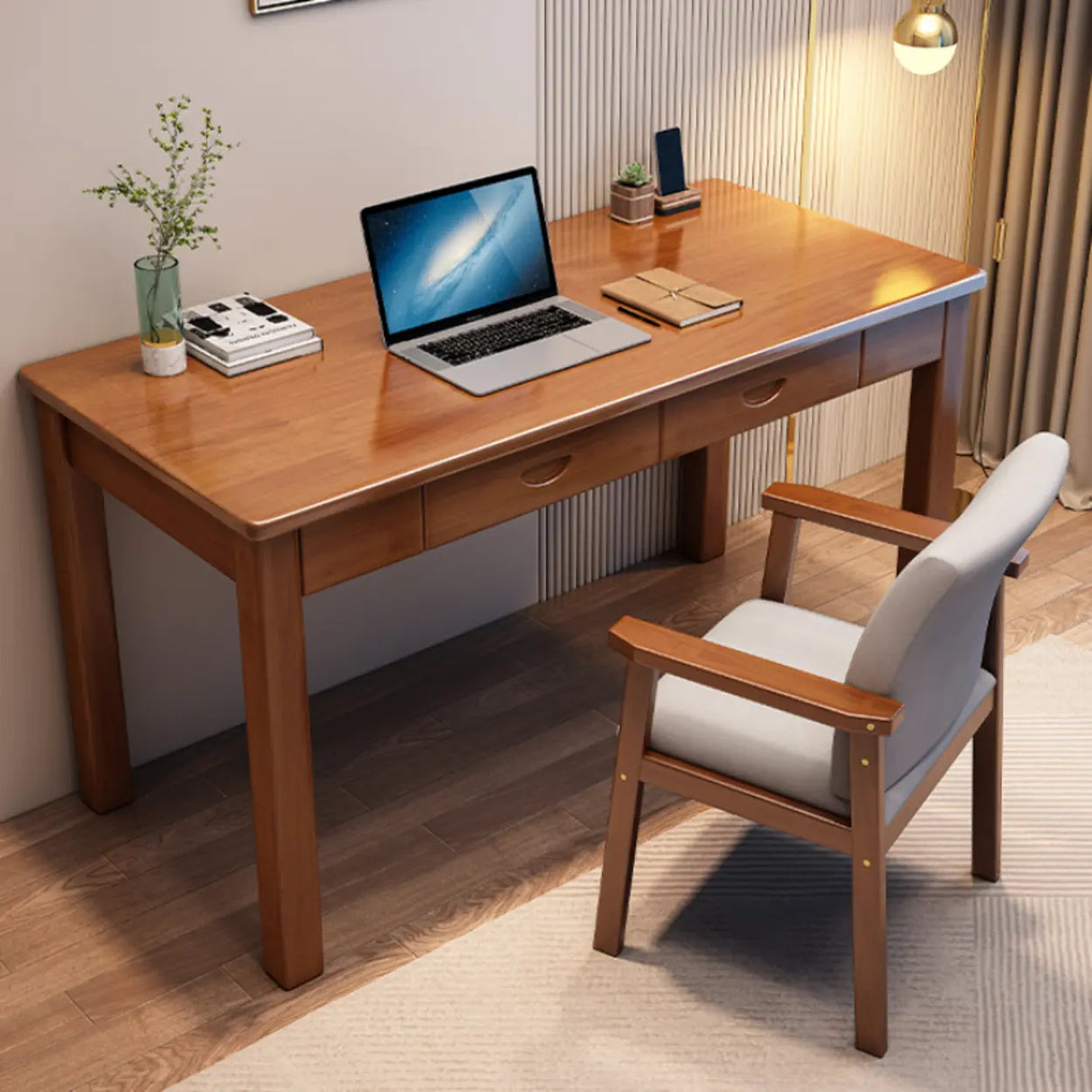 White Wooden Single Writing Desk with Drawers Image - 4
