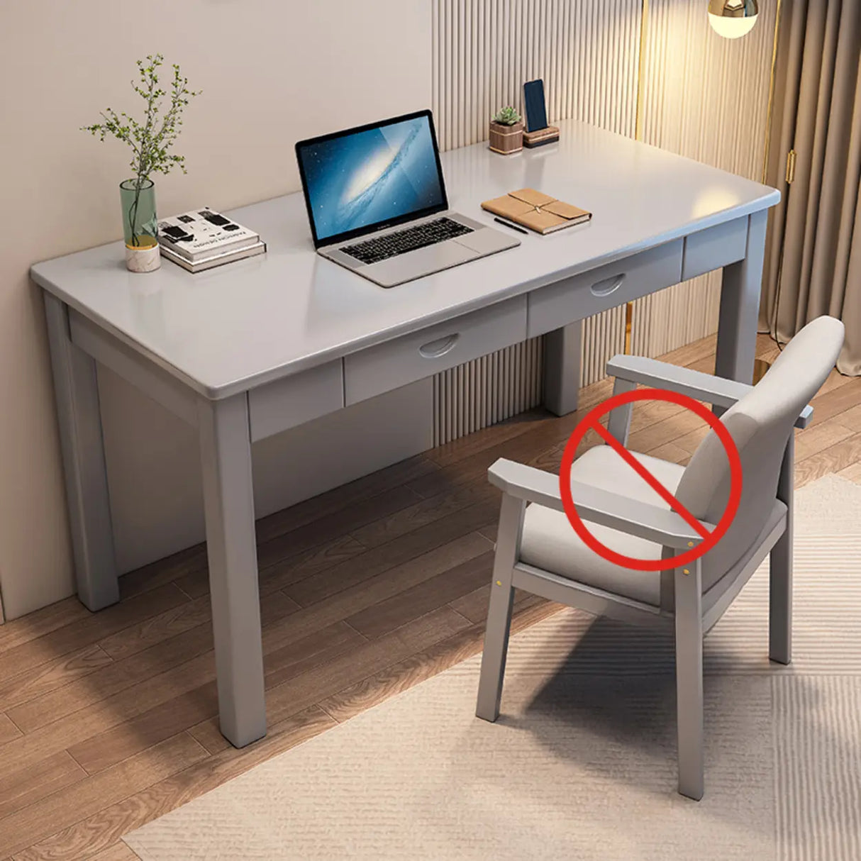 White Wooden Single Writing Desk with Drawers Image - 5