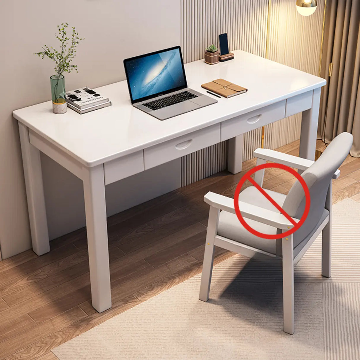 White Wooden Single Writing Desk with Drawers Image - 7