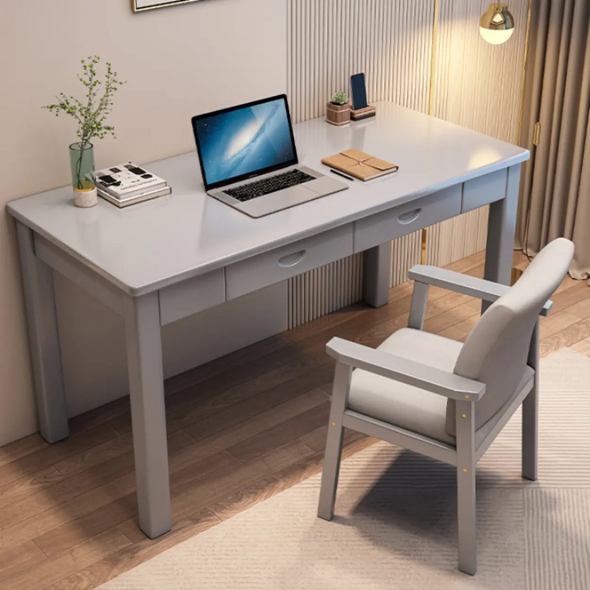 White Wooden Single Writing Desk with Drawers Image - 8