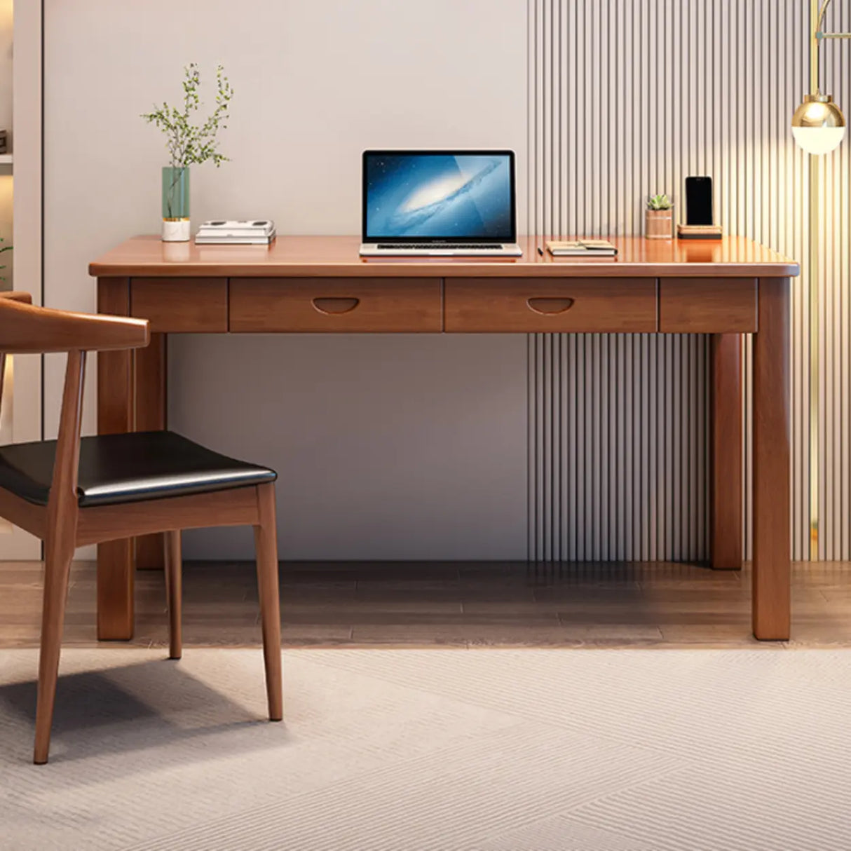 White Wooden Single Writing Desk with Drawers Image - 9