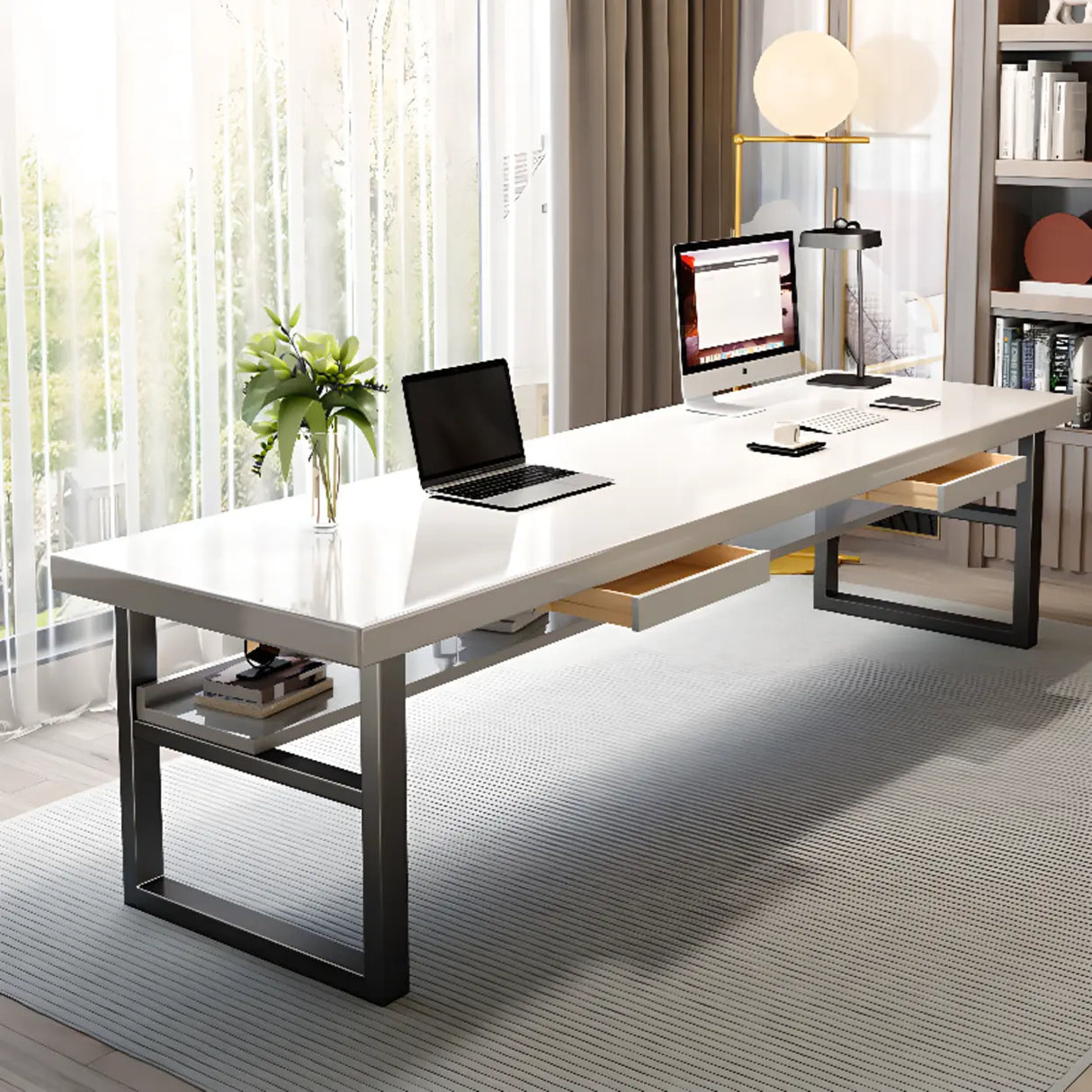 White Wooden Writing Desk with Drawers and Shelves Image - 1