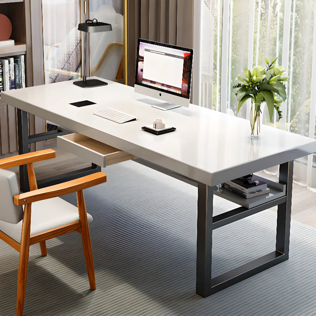 White Wooden Writing Desk with Drawers and Shelves Image - 3