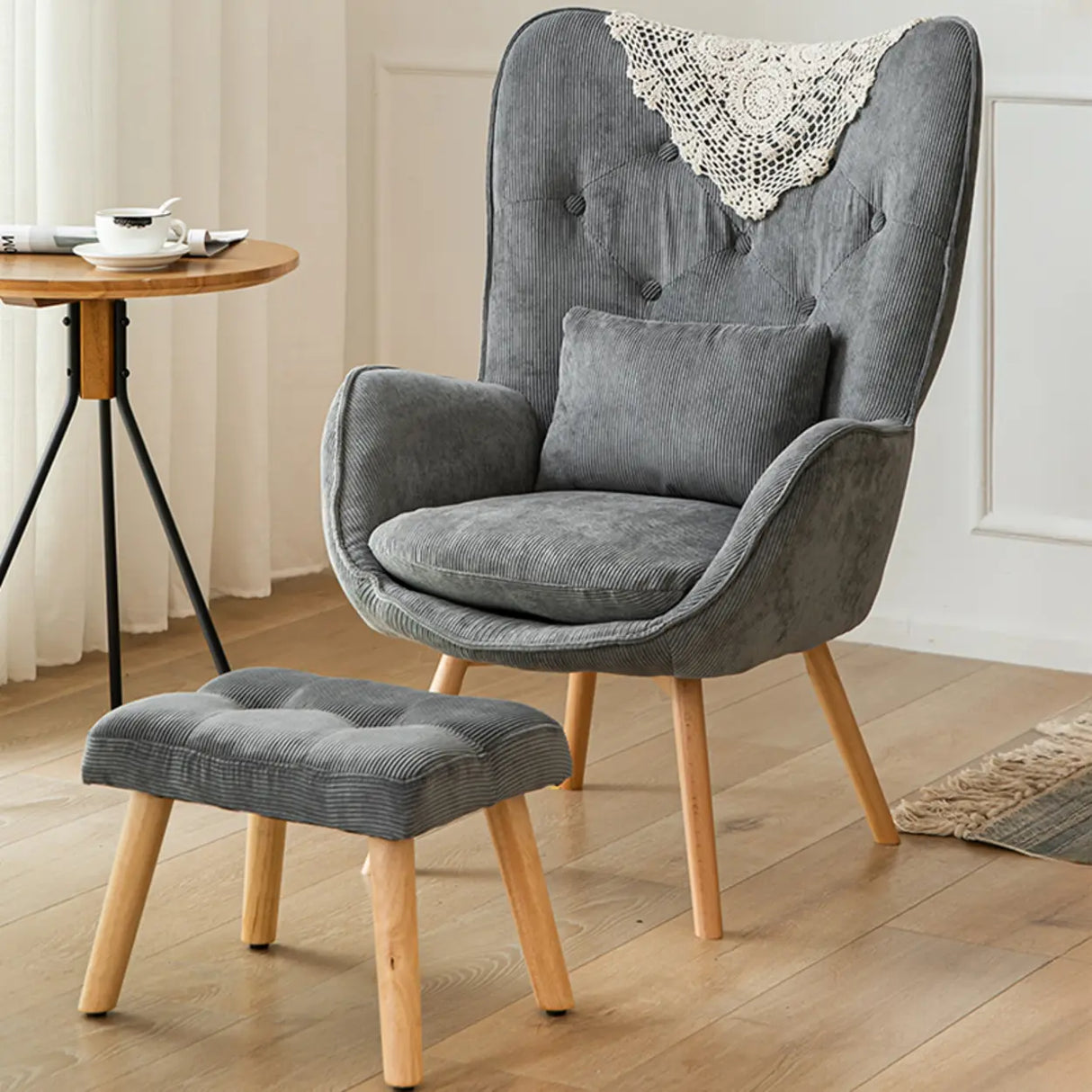 Wingback Corduroy Green Medium Cozy Accent Chair with Pillow Image - 18