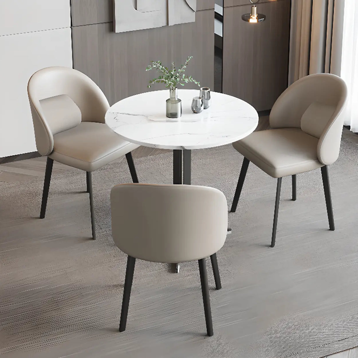 Wingback Leather Round Upholstered Dining Chair Beige Image - 8