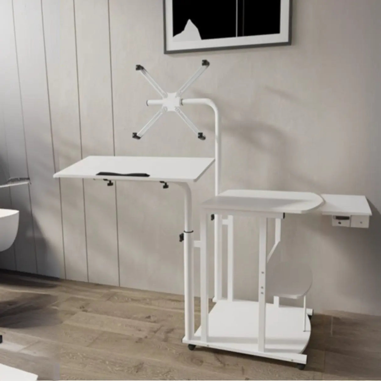 Wood Adjustable Computer Desk with Shelves and Casters Image - 2