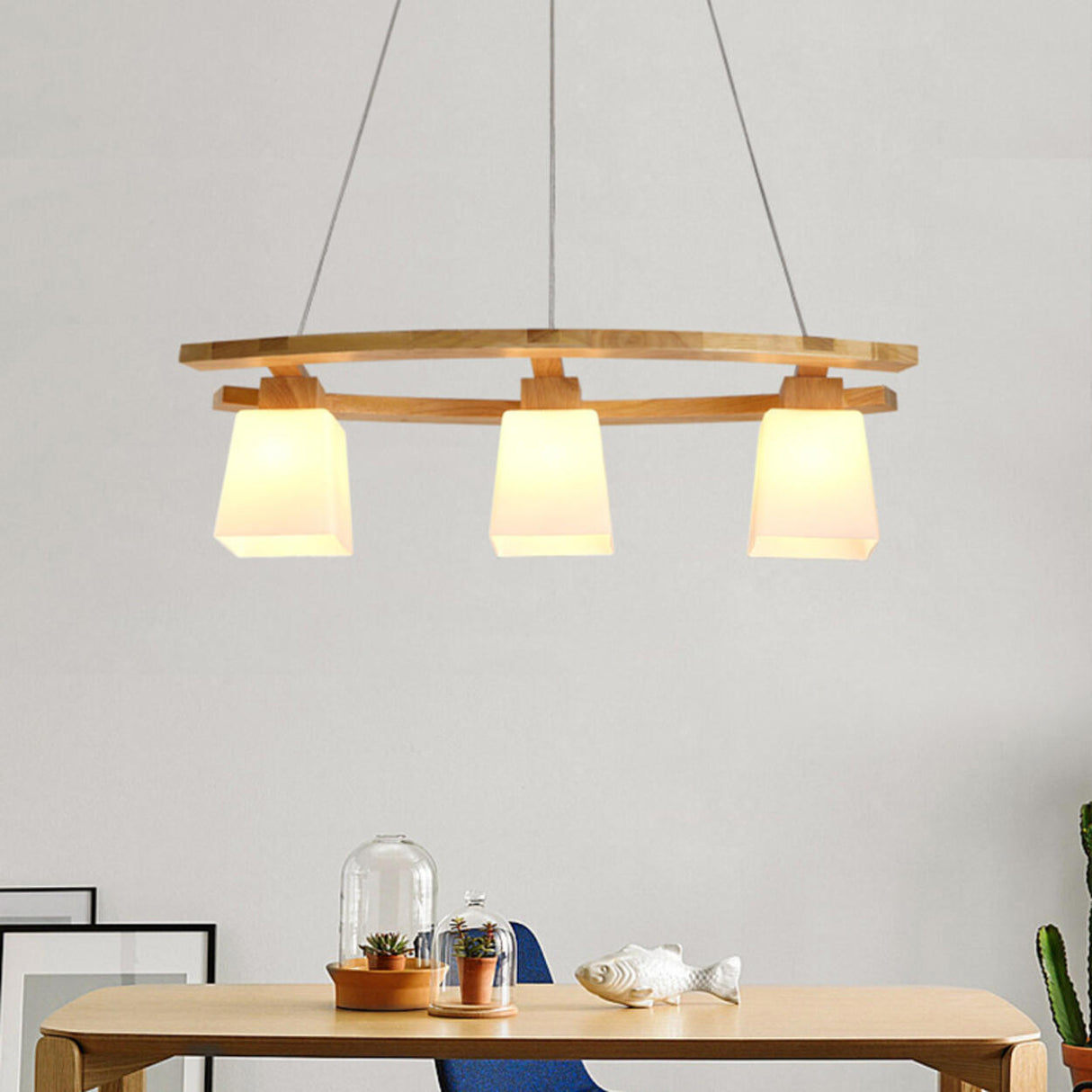 Wood and Glass Geometric Pendant Island Ceiling Light Image - 3